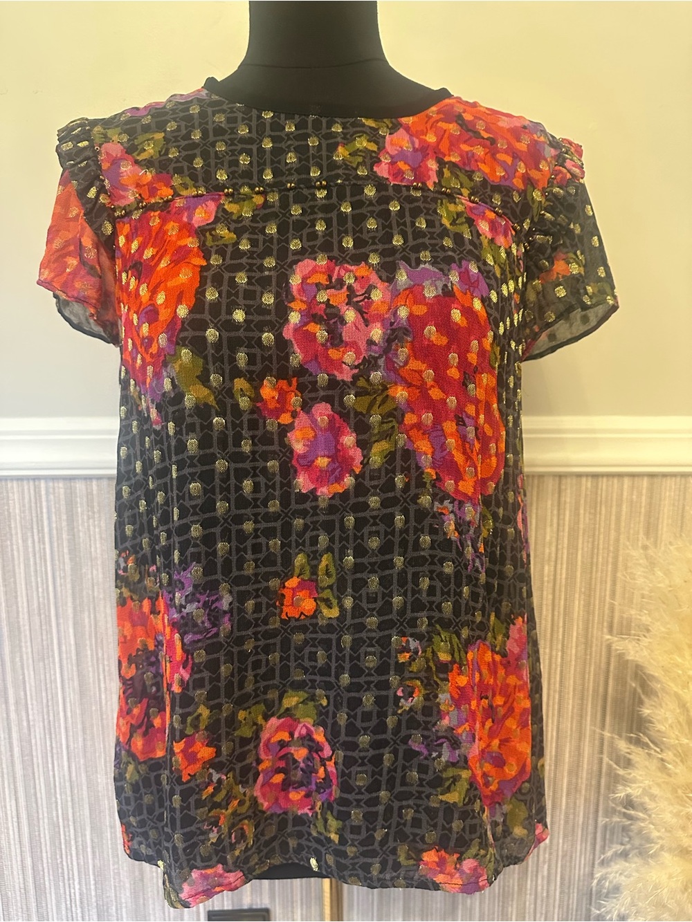Anthropologie Floral Metallic Dot Blouse Women’s‎ US 2 Sheer Short Sleeve Top